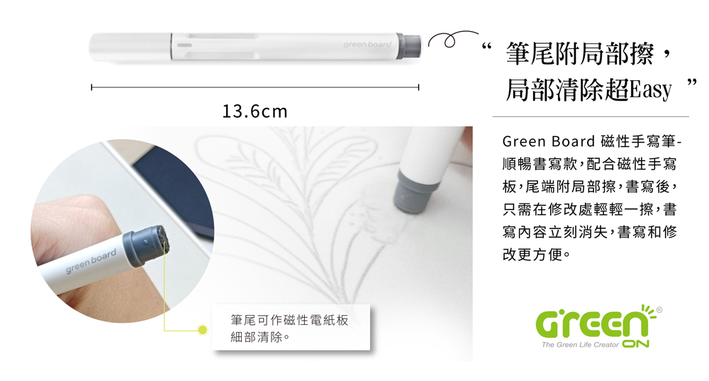 Green Board 磁性電紙板專用手寫筆, 筆尾附局部擦，局部清除超Easy。