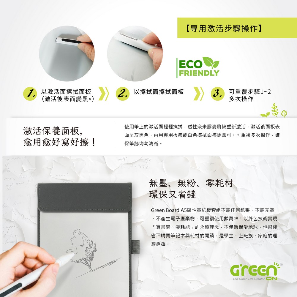 Green Board A5磁性電紙板,不需任何紙張、不需充電、不產生電子廢棄物,可重複使用數萬次
