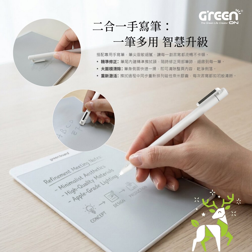 Green Board 8.8 吋磁性電紙板二合一手寫筆:局部擦除更精準