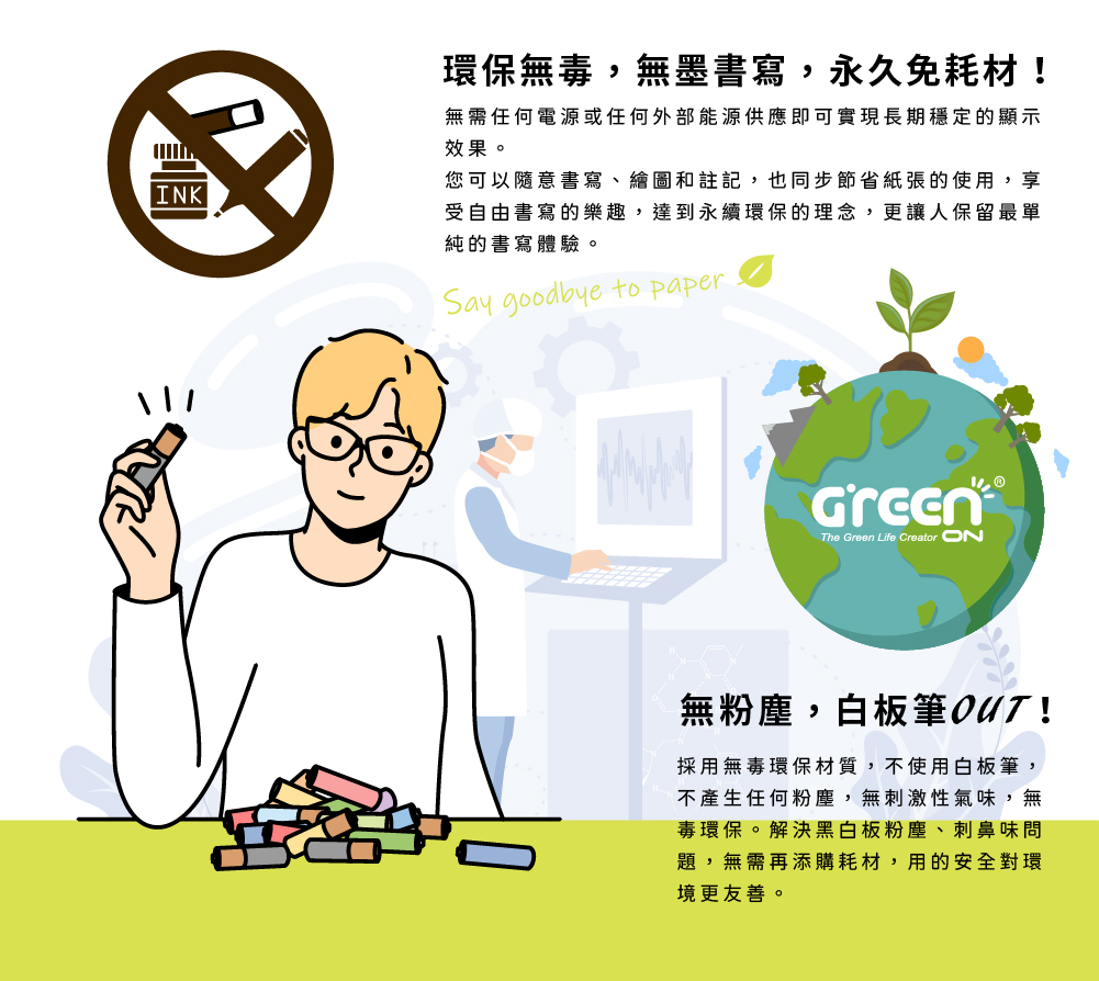 Green Board 42吋磁性電紙板環保無毒，無墨無粉塵書寫