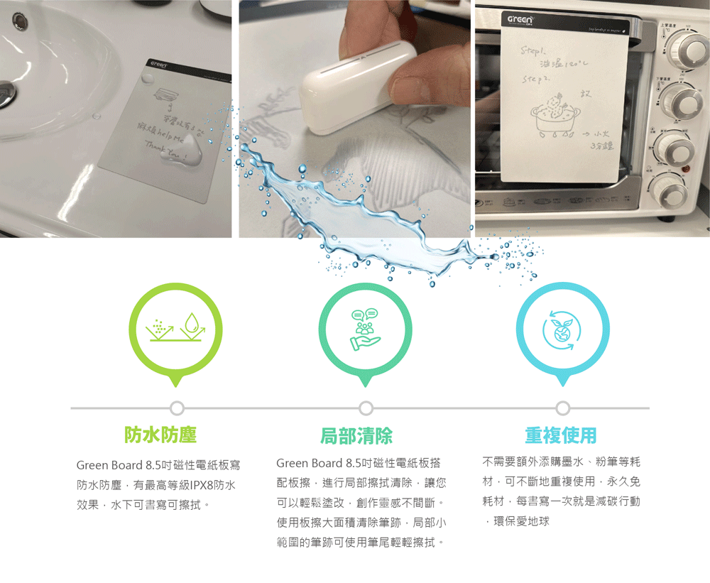 Green Board 8.5吋磁性電紙板,防水防塵,局部清除,重複使用