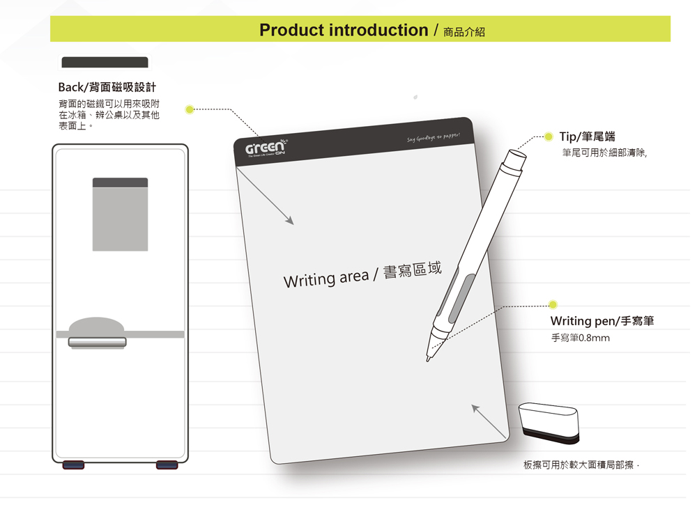 Green Board 8.5吋磁性電紙板背面的磁鐵可以用來吸附在冰箱、辦公桌以及其他鐵製品表面上。